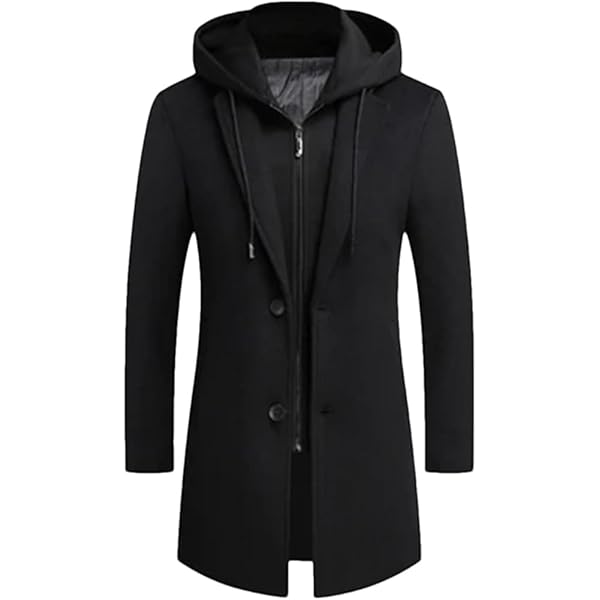 Gsywaipei Men's Long Hooded Pea Coat Winter Single Breasted